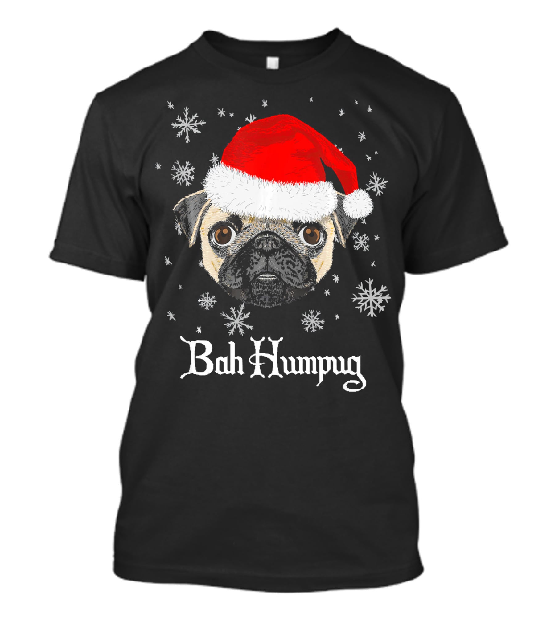 Bah Humpug Funny Christmas Pug Lover Santa Hat Snowflakes T-Shirt