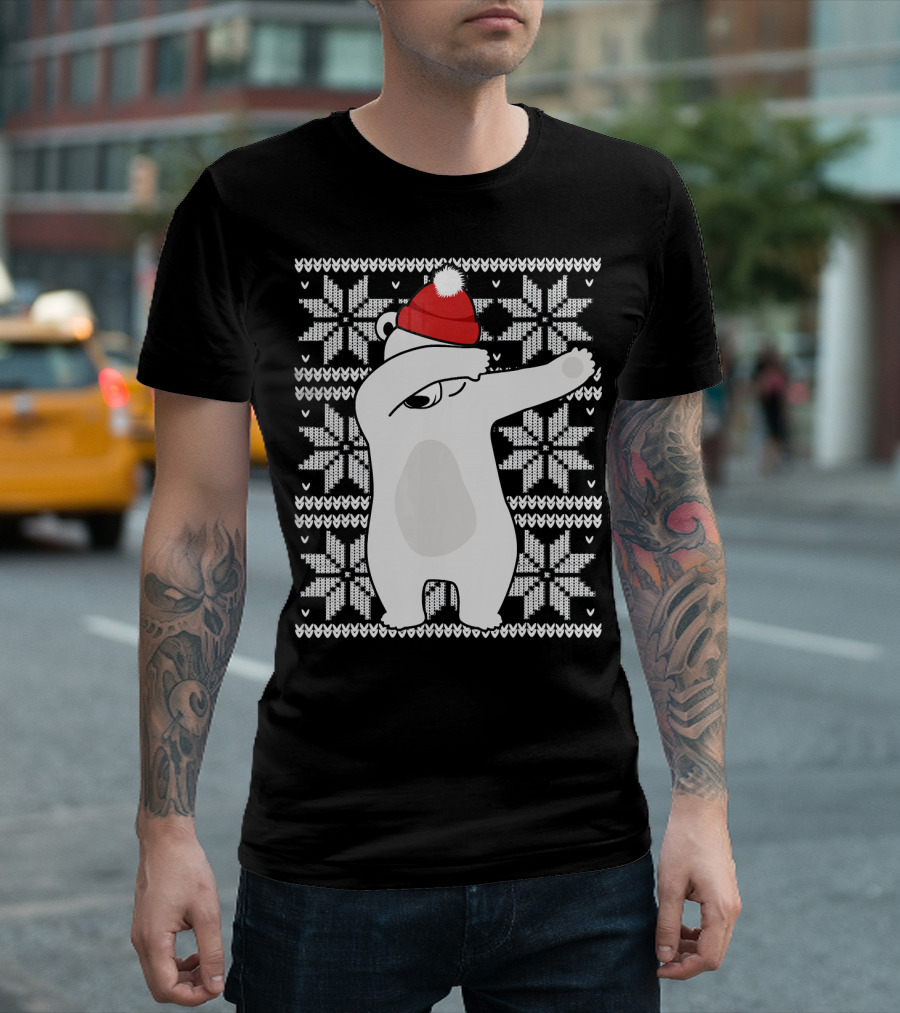 UGLY CHRISTMAS Dabbing Polar Bear in Santa Hat with Snowflake T-Shirt