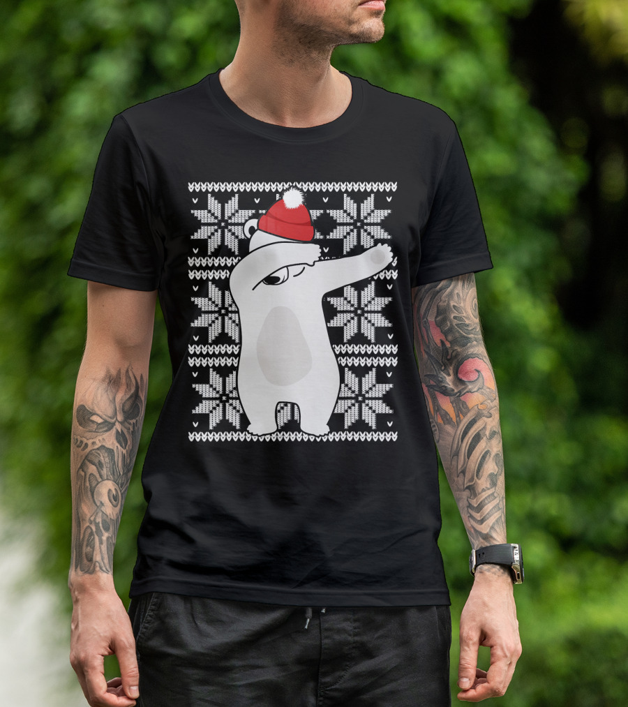 UGLY CHRISTMAS Dabbing Polar Bear In Santa Hat With Snowflake T-Shirt
