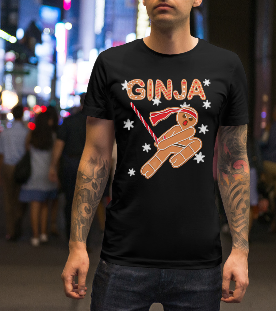 Gingerbread Ginja Funny Christmas Ninja Candy Cane Snowflakes T-Shirt