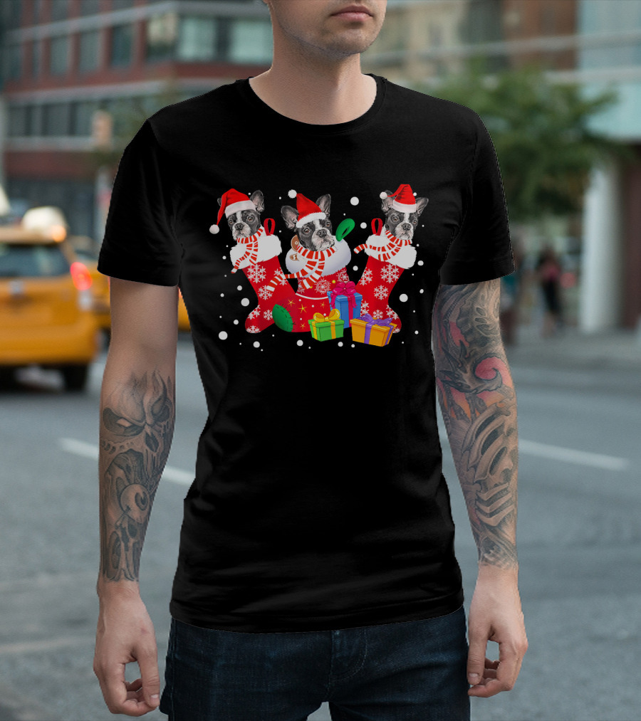 Three Boston Terrier In Santa Hat Stockings Christmas Gifts T-Shirt