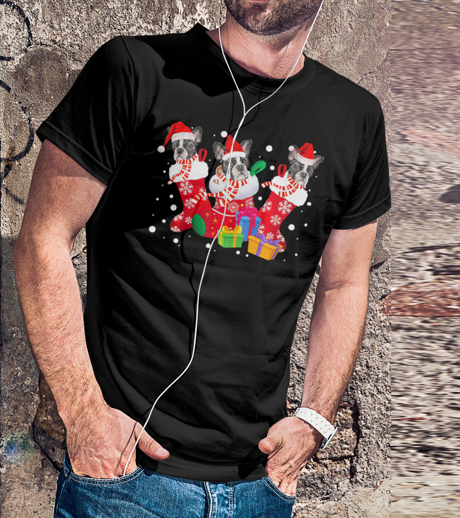 Three Boston Terrier In Santa Hat Stockings Christmas Gifts T-Shirt