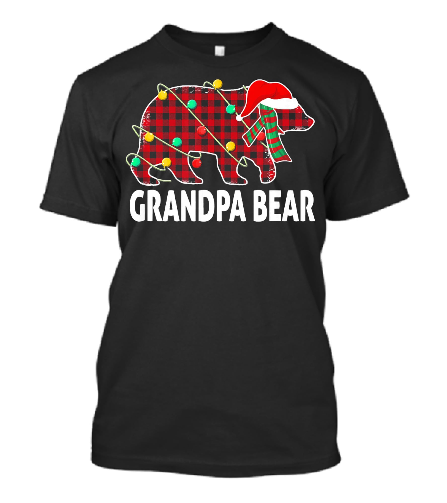 Grandpa Bear Plaid Christmas Hat Family Holiday Lights T-Shirt