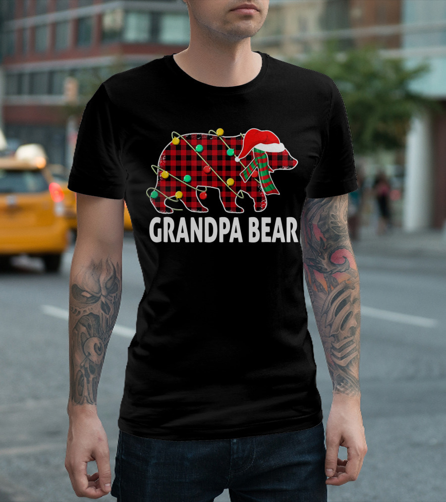 Grandpa Bear Plaid Christmas Hat Family Holiday Lights T-Shirt