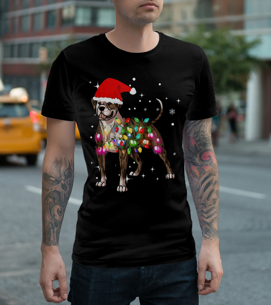 Christmas Lights American Bulldog Santa Hat Snowflakes T-Shirt