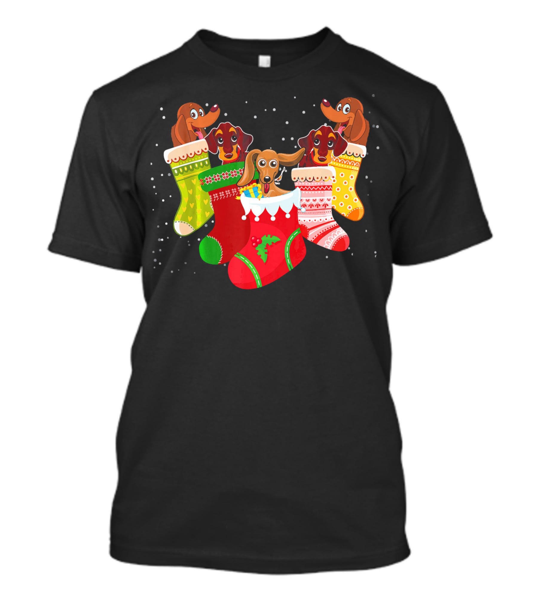 Playful Dachshunds In Colorful Christmas Socks Festive Humor T-Shirt
