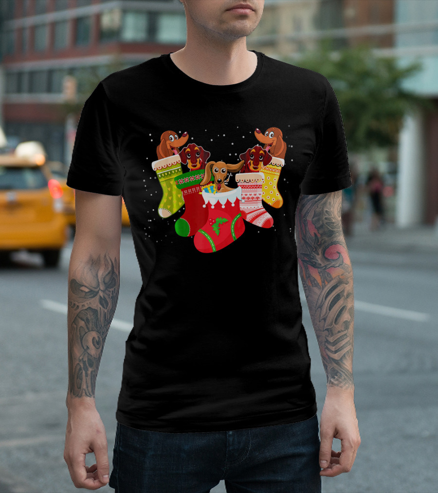 Playful Dachshunds in Colorful Christmas Socks Festive Humor T-Shirt