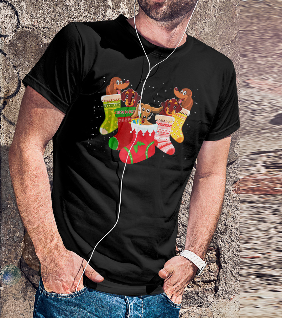 Playful Dachshunds In Colorful Christmas Socks Festive Humor T-Shirt