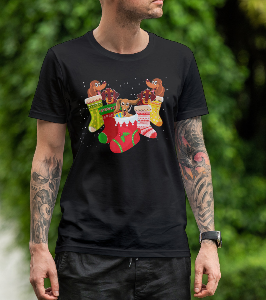 Playful Dachshunds In Colorful Christmas Socks Festive Humor T-Shirt