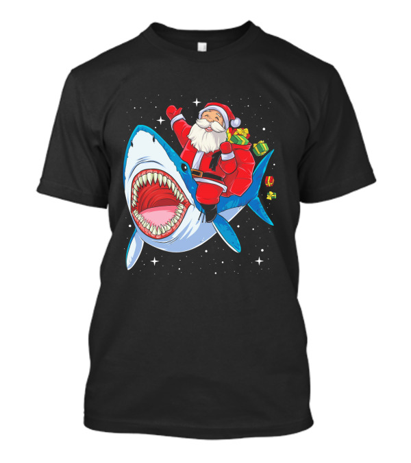 Santa Claus Riding A Shark With Gifts T-Shirt