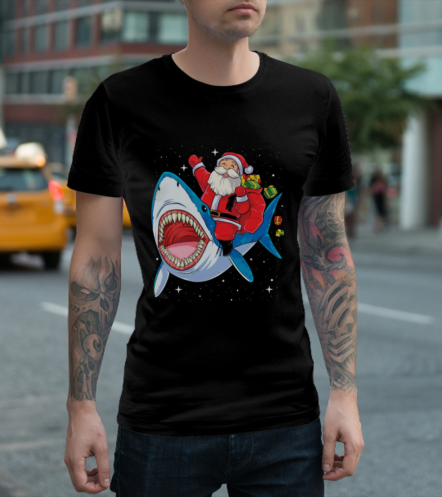 Santa Claus Riding A Shark With Gifts T-Shirt