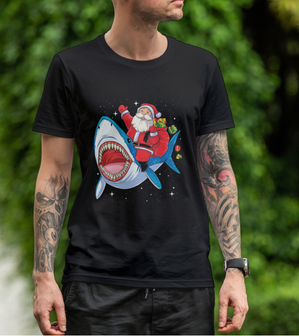 Santa Claus Riding A Shark With Gifts T-Shirt
