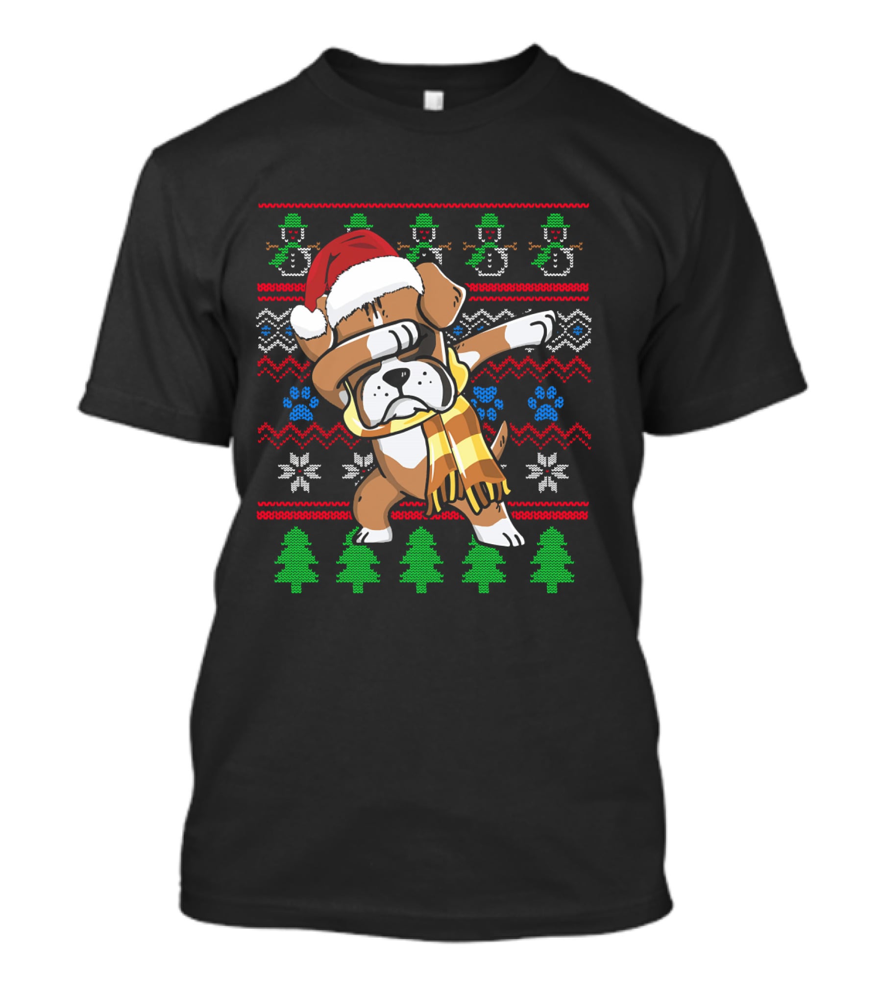 Xmas Boxer Dabbing Santa Hat UglyStyle Sweater Pattern Snowflakes Trees T-Shirt