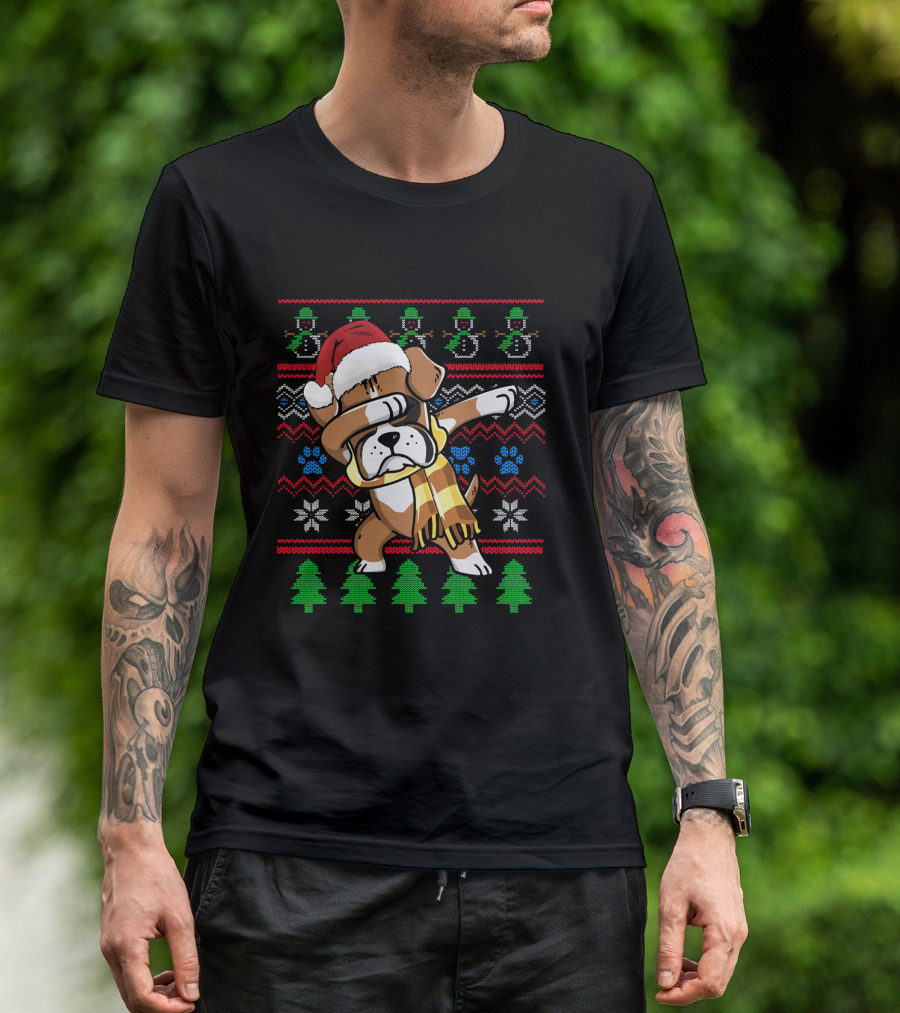 Xmas Boxer Dabbing Santa Hat UglyStyle Sweater Pattern Snowflakes Trees T-Shirt