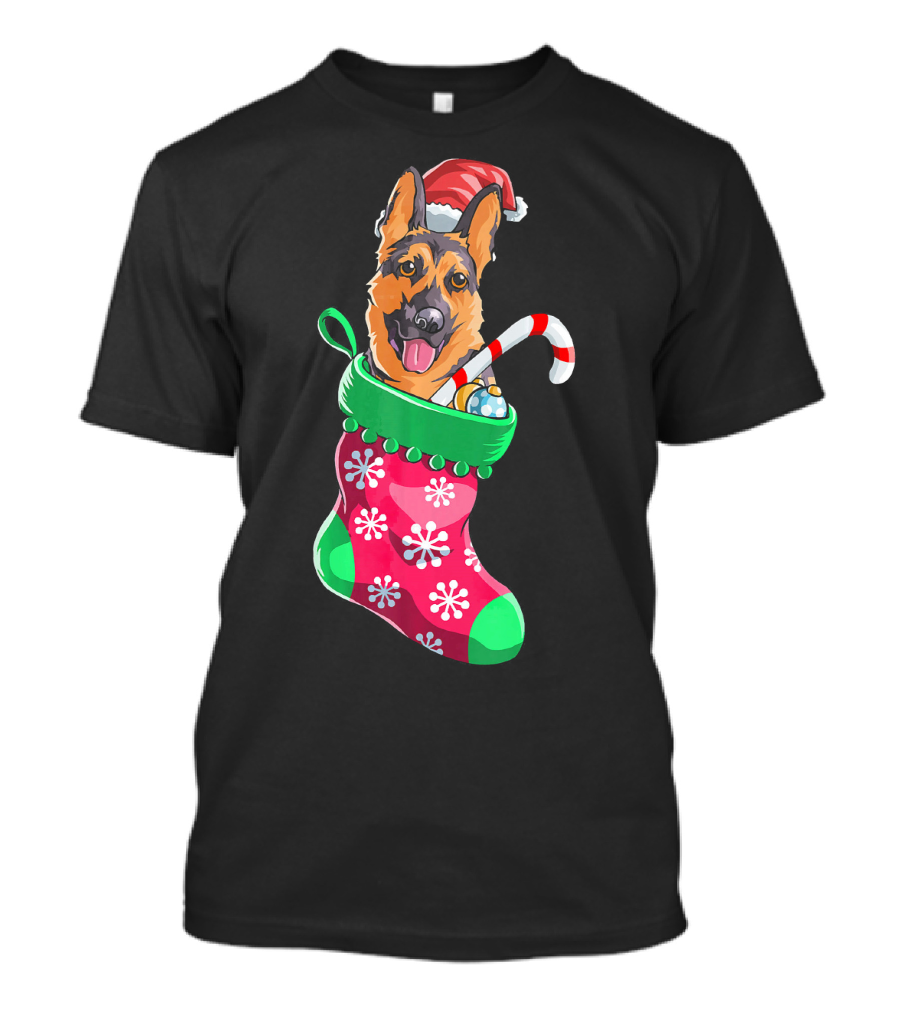 German Shepherd In Christmas Santa Hat Stocking With Candy Cane T-Shirt