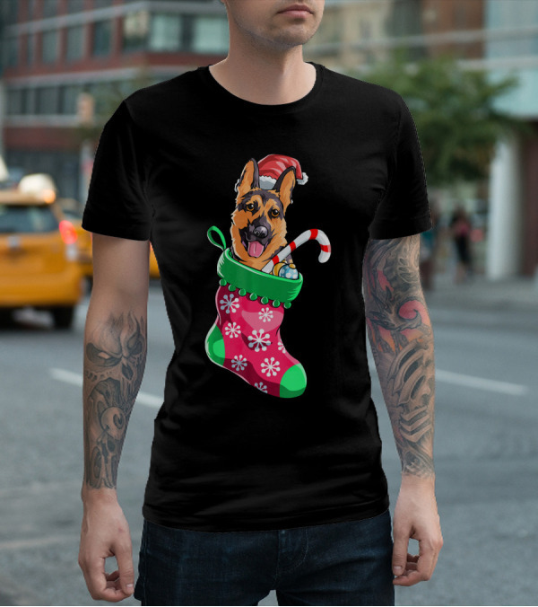 German Shepherd In Christmas Santa Hat Stocking With Candy Cane T-Shirt
