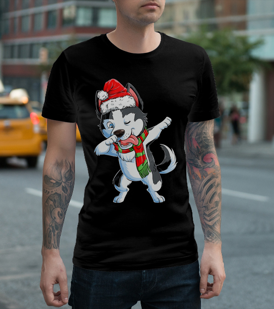 Dabbing Siberian Husky Santa Christmas Dog With Scarf T-Shirt