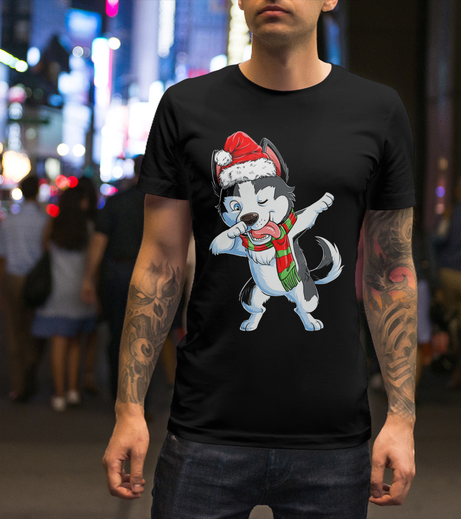 Dabbing Siberian Husky Santa Christmas Dog With Scarf T-Shirt