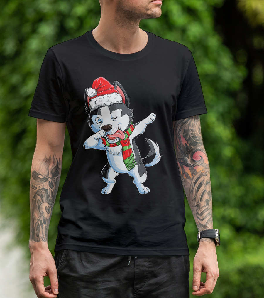Dabbing Siberian Husky Santa Christmas Dog With Scarf T-Shirt