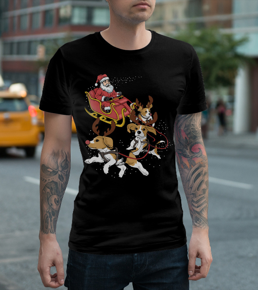 Santa's Sleigh with Beagle Reindeer Trio T-Shirt