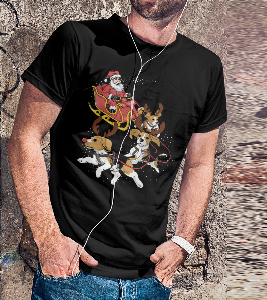 Santa's Sleigh With Beagle Reindeer Trio T-Shirt