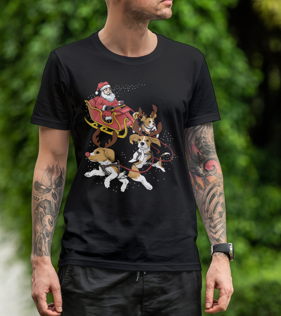 Santa's Sleigh With Beagle Reindeer Trio T-Shirt