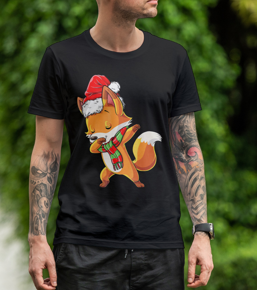 Christmas Dab Fox With Santa Hat And Scarf T-Shirt