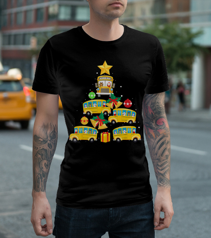 School Bus Christmas Tree with Santa Reindeer Ornaments and Gifts T-Shirt