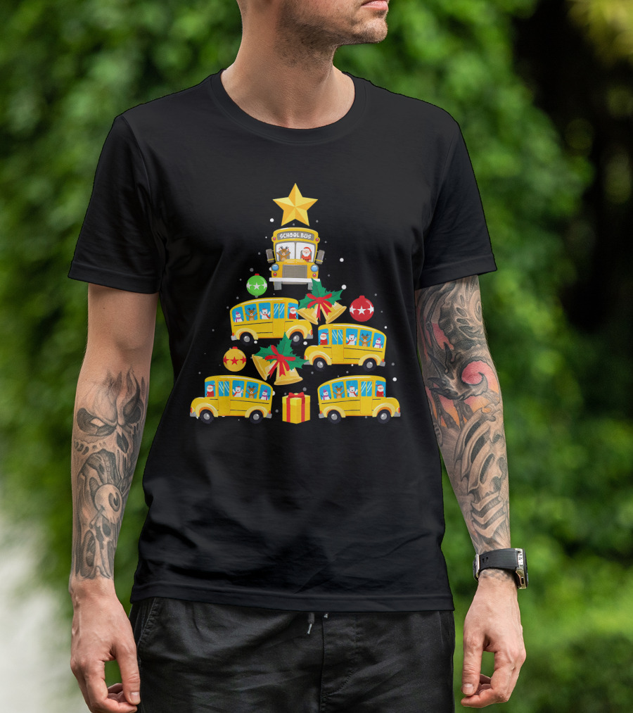 School Bus Christmas Tree With Santa Reindeer Ornaments And Gifts T-Shirt