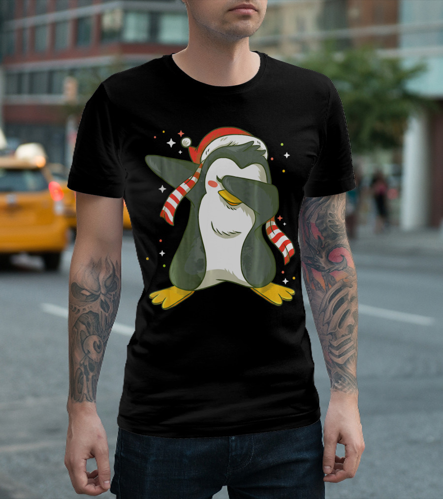 Christmas Xmas Santa Claus Penguin Dabbing Scarf Santa Hat T-Shirt