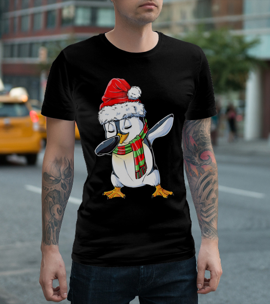 Dabbing Penguin Santa Claus with Festive Scarf T-Shirt