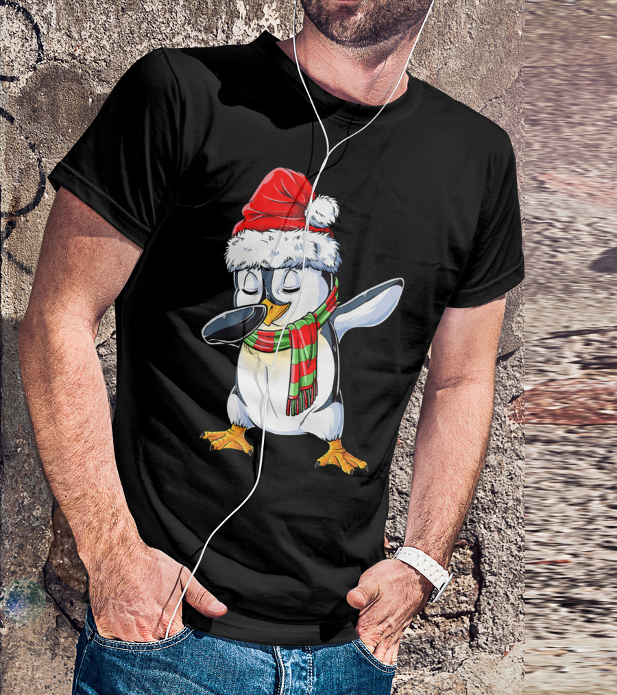 Dabbing Penguin Santa Claus With Festive Scarf T-Shirt