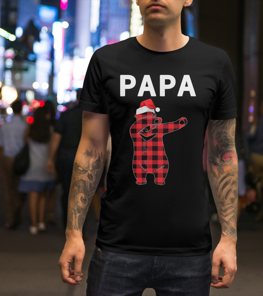 PAPA Bear Plaid Santa Hat Christmas Dabbing T-Shirt