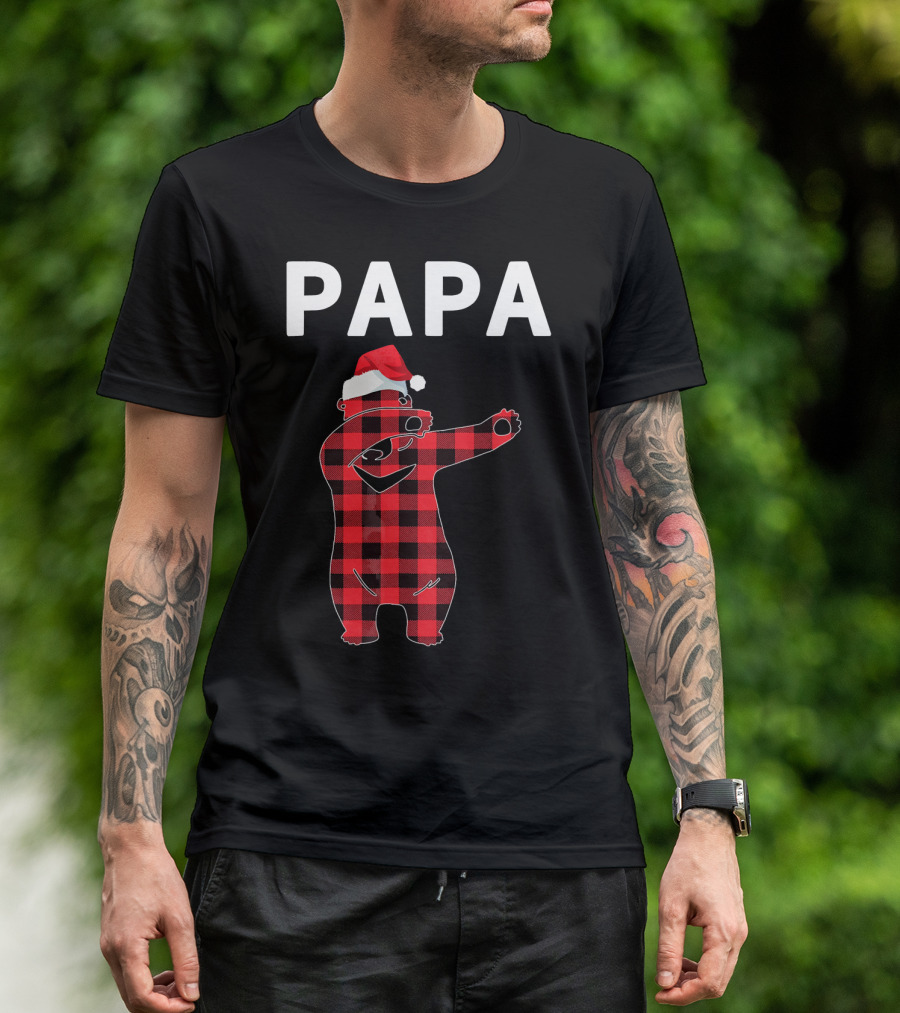 PAPA Bear Plaid Santa Hat Christmas Dabbing T-Shirt