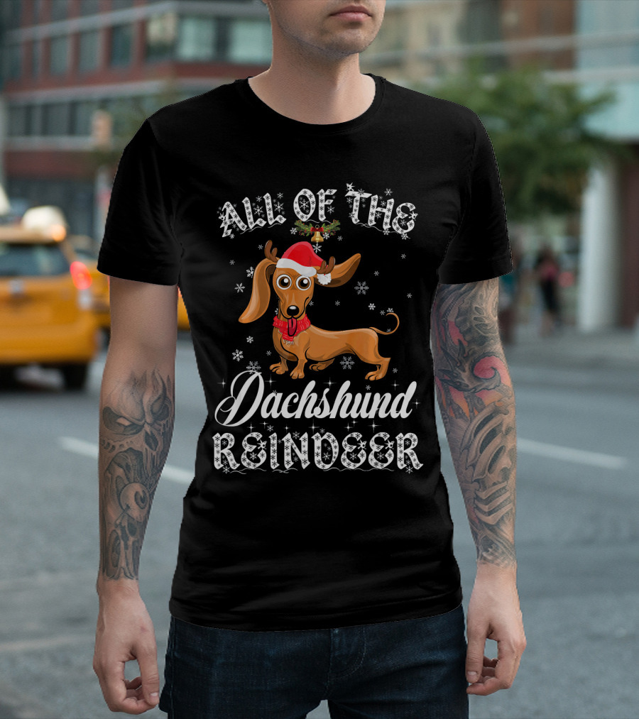 All Of The Dachshund Reindeer Santa Hat Snowflakes T-Shirt