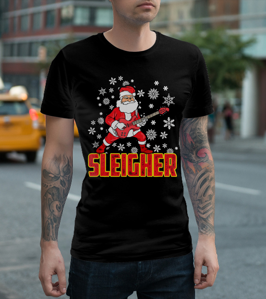 Sleigher Santa Claus with Guitar and Snowflakes T-Shirt