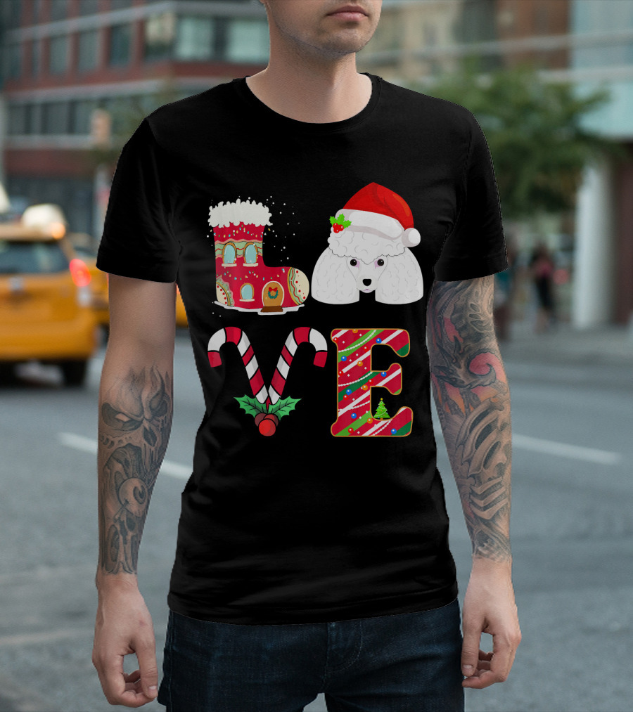 I Love My Poodle Funny Christmas Poodle Candy Cane Santa Hat Holiday Boot T-Shirt