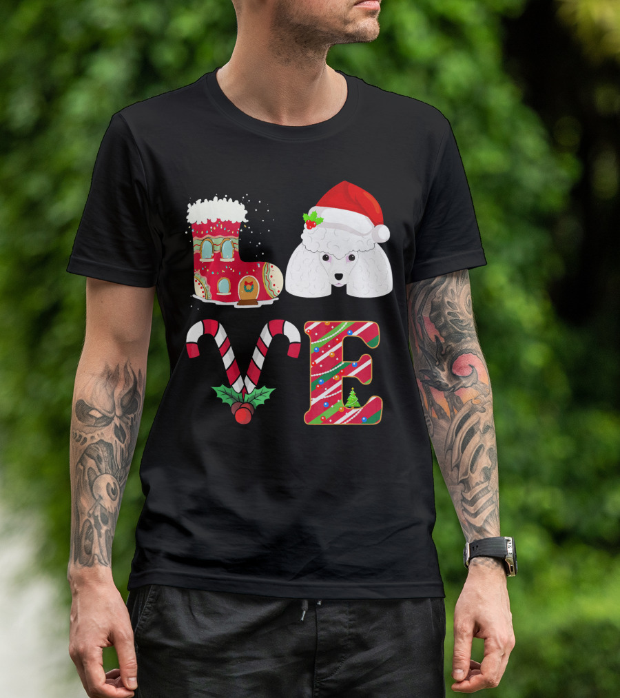 I Love My Poodle Funny Christmas Poodle Candy Cane Santa Hat Holiday Boot T-Shirt