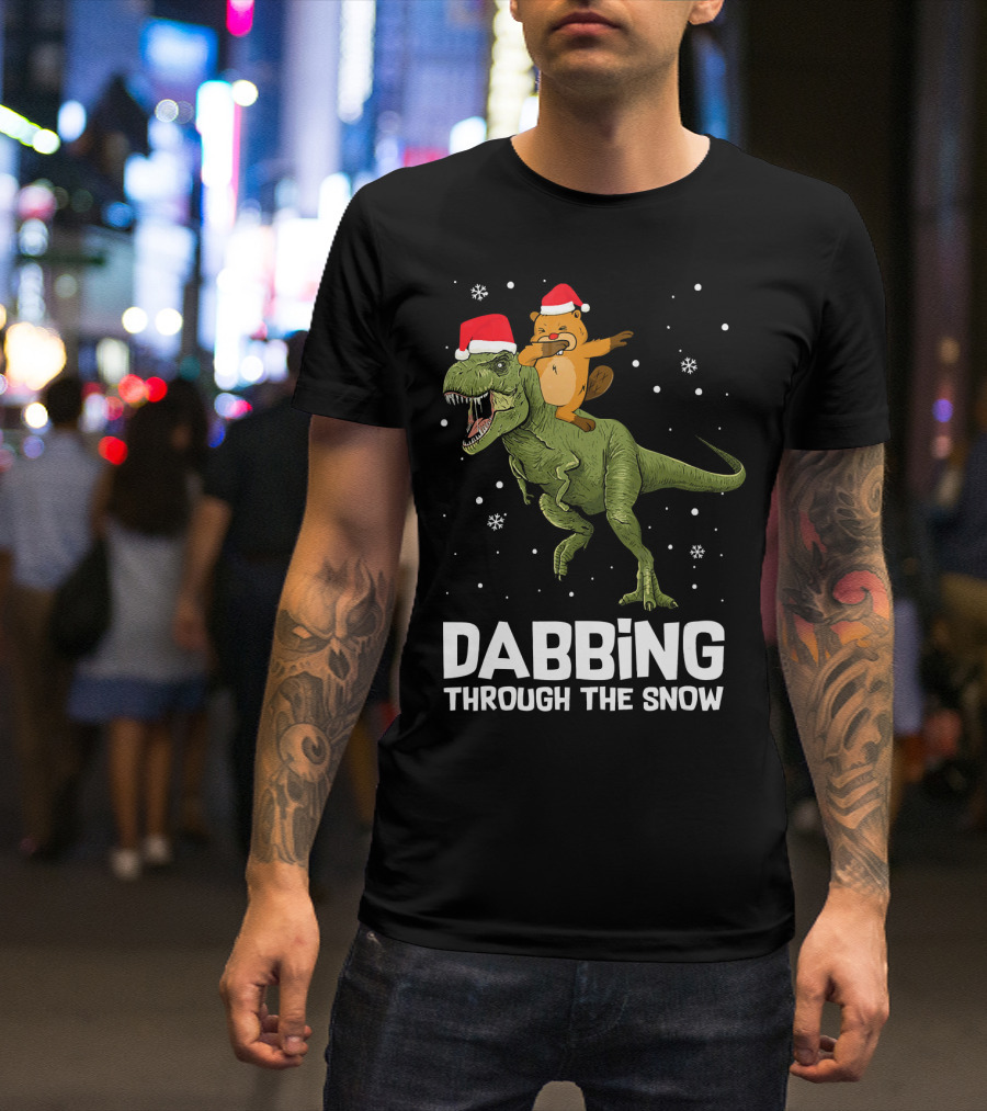 Beaver Dabbing On Dinosaur Wearing Santa Hats Dabbing Through The Snow T-Shirt