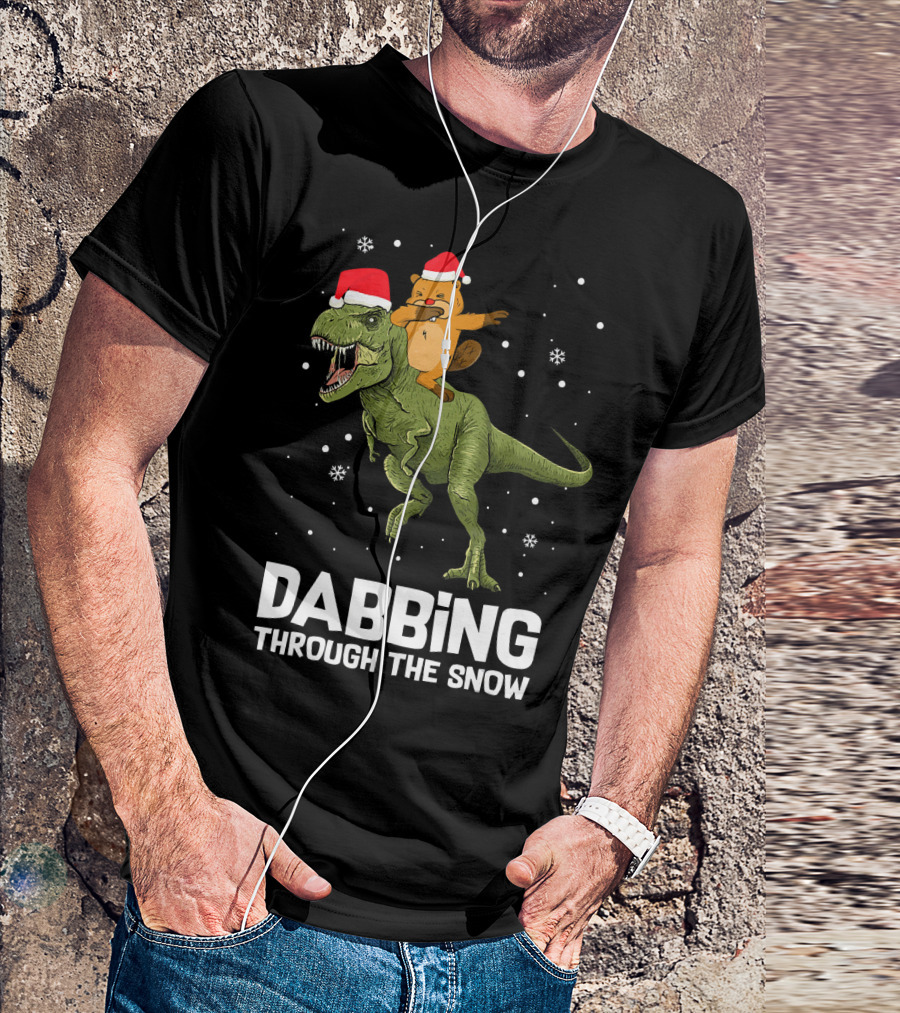 Beaver Dabbing On Dinosaur Wearing Santa Hats Dabbing Through The Snow T-Shirt