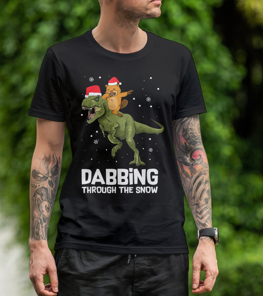 Beaver Dabbing On Dinosaur Wearing Santa Hats Dabbing Through The Snow T-Shirt