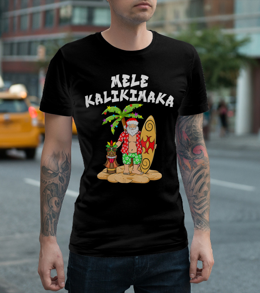 Mele Kalikimaka Santa with Surfboard and Tropical Tiki Palm Tree T-Shirt
