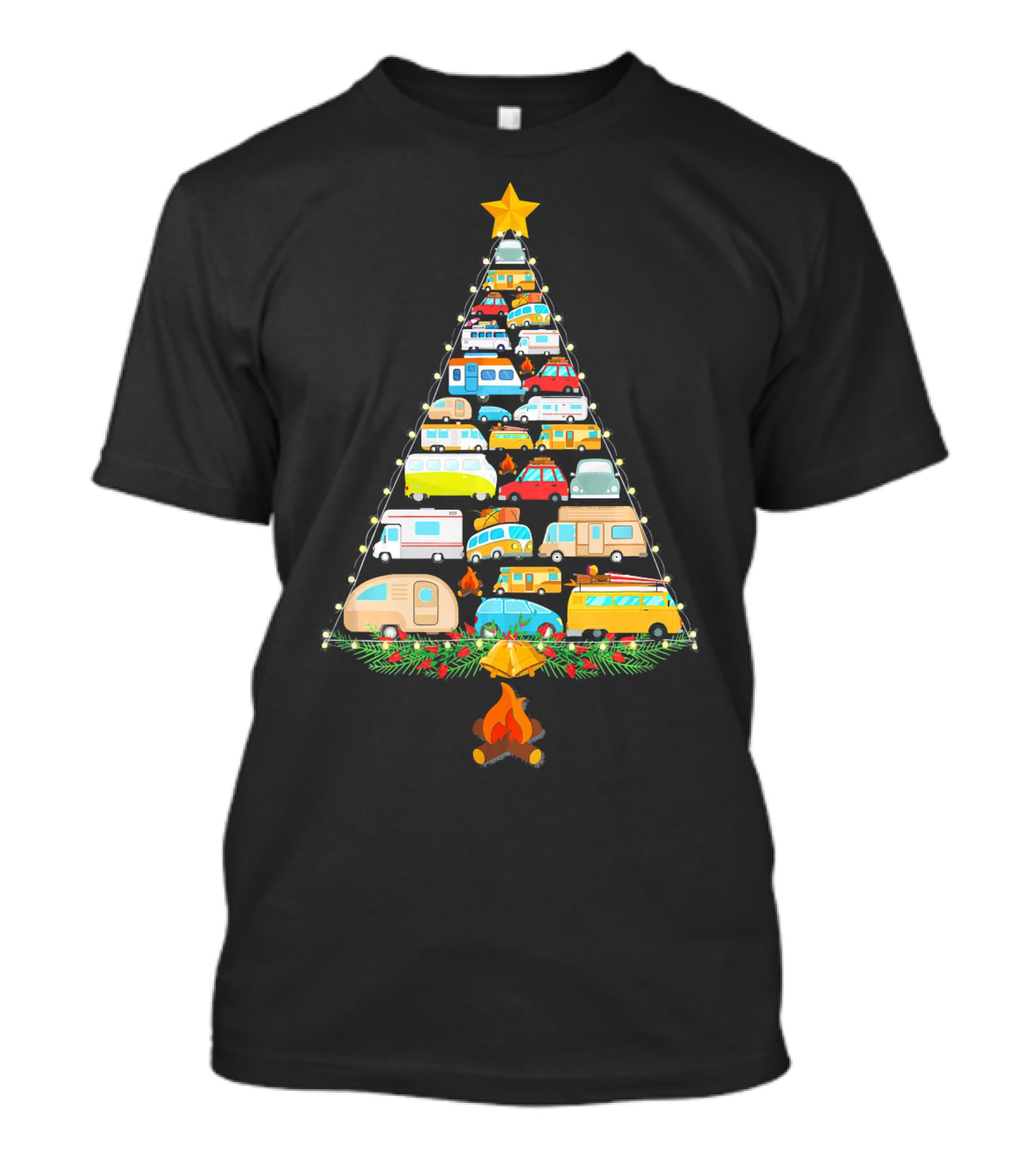 Christmas Tree Made Of Colorful Camping Vehicles With Star And Campfire T-Shirt