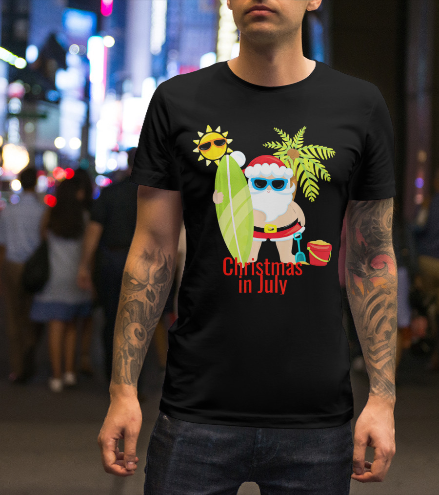 Christmas In July Beach Santa Surfer Sunny Holiday Fun T-Shirt