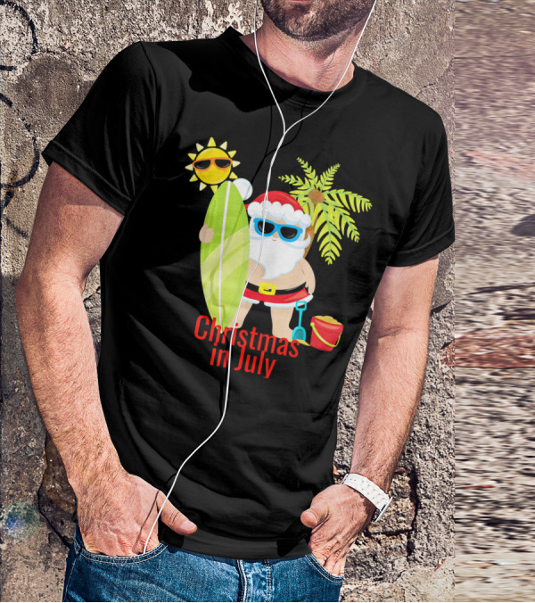 Christmas In July Beach Santa Surfer Sunny Holiday Fun T-Shirt