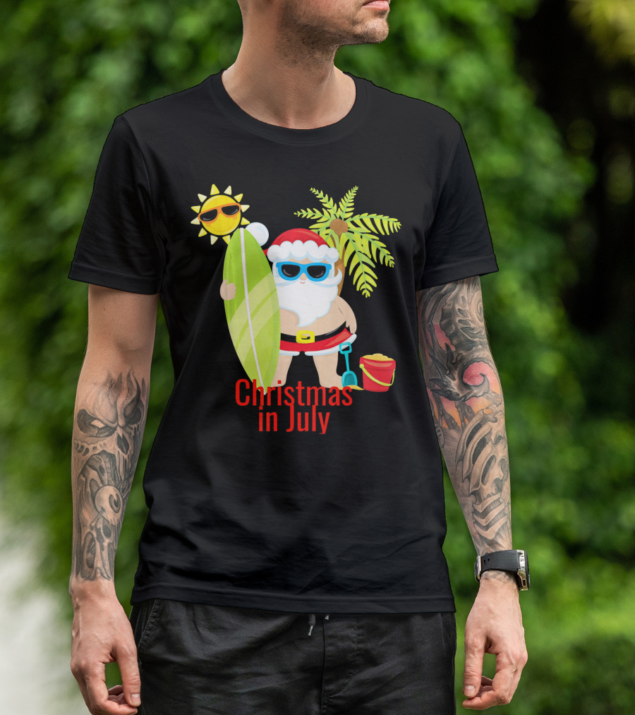 Christmas In July Beach Santa Surfer Sunny Holiday Fun T-Shirt