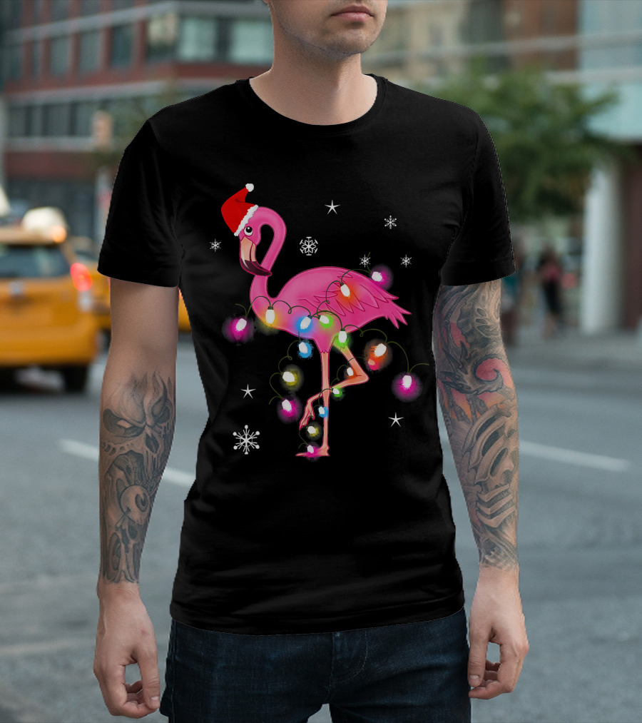 Pink Flamingo Christmas Lights And Santa Hat T-Shirt