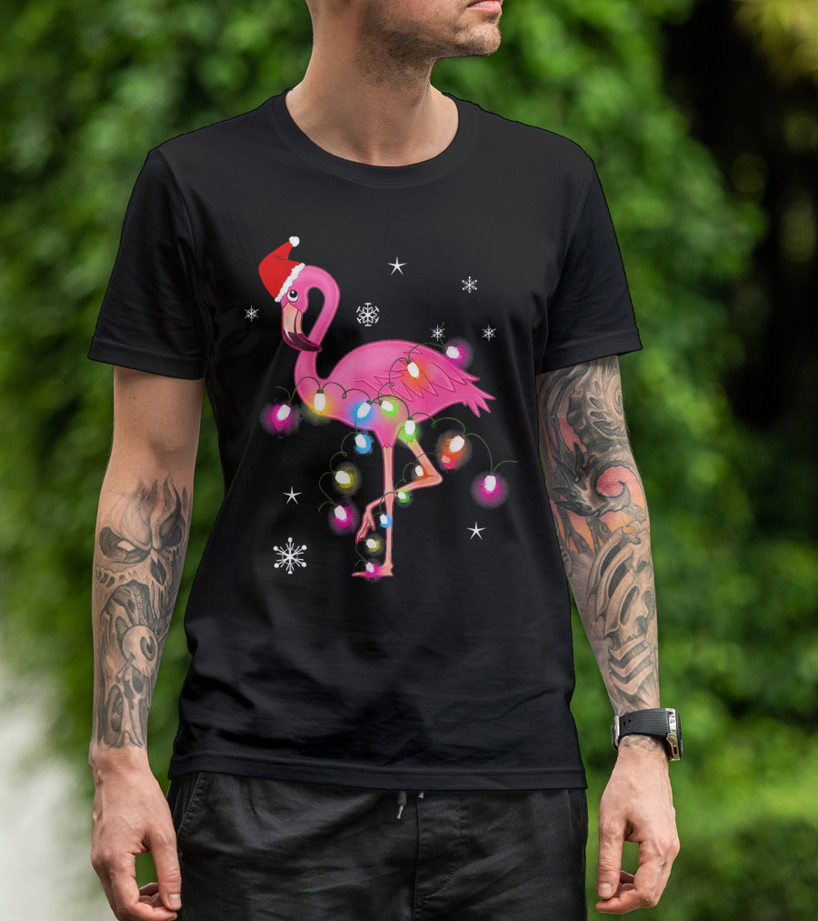 Pink Flamingo Christmas Lights And Santa Hat T-Shirt