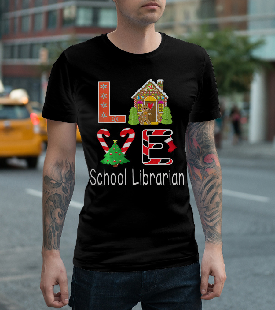 LOVE School Librarian Merry Christmas Gingerbread House Candy Cane Tree T-Shirt