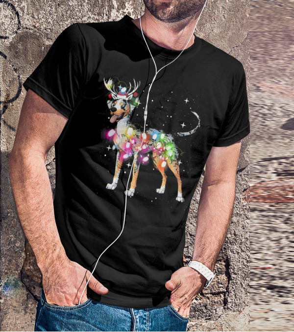 Festive Catahoula Leopard Dog With Christmas Lights And Reindeer Antlers T-Shirt
